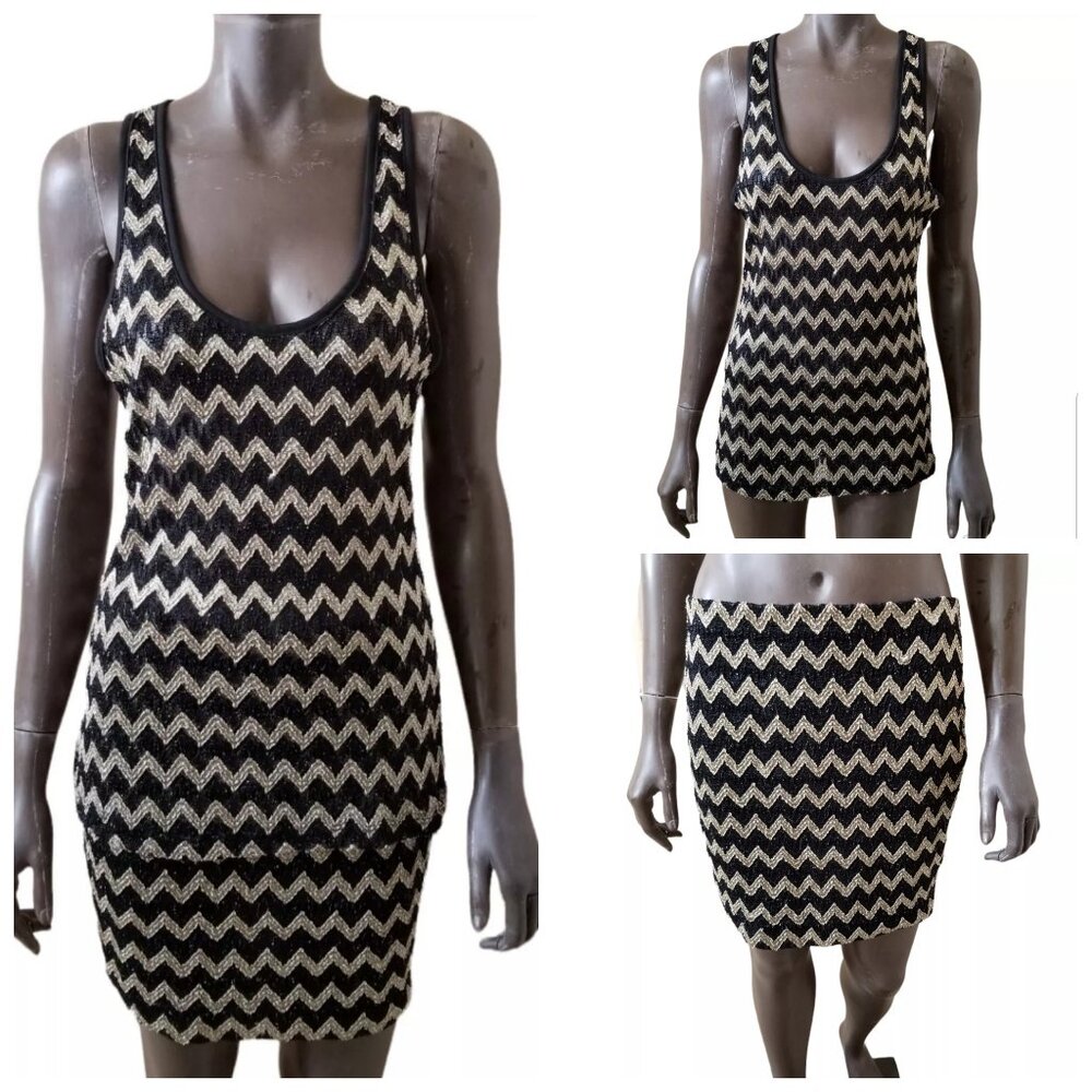 VTG DOTS Womens Black Gold Zig-Zag Stretch Lace Racerback Tank Skirt Set XL NEW